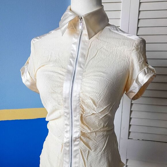 Women's BEBE Sheer Blouse with Satin Trim – Zip Front, Short Sleeve - Picture 1 of 5
